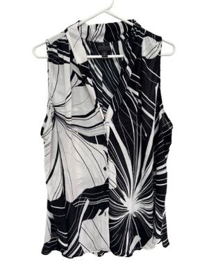 Worthington Black & White Sleeveless Printed V-Neck Blouse